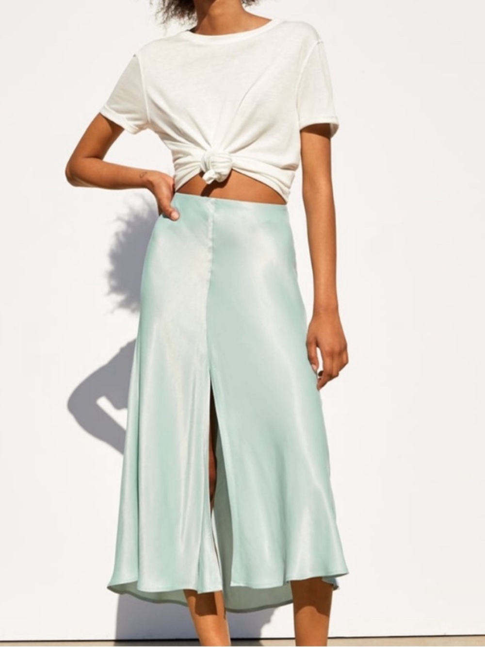 NWT Zara Light Sage/Mint Wide-Leg Satin Skirt